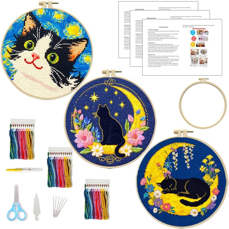 Zhenqing Night Sky Cats Cross Stitch Kit - 3-Piece Set with Pre-Printed 11CT 24x24cm Fabric, Hoop & Tools, Starry Night Theme for Beginners (70413) - Image 1